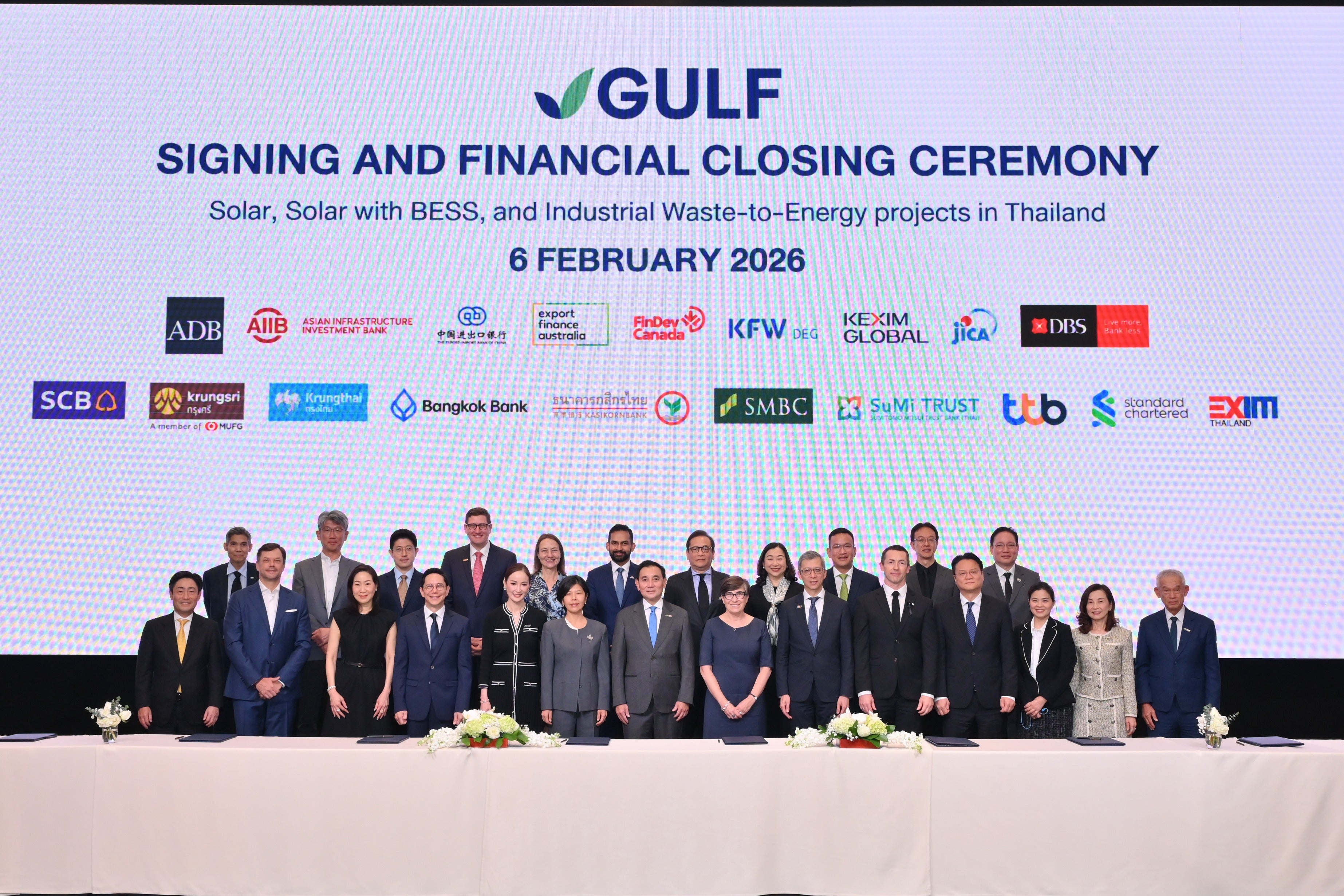 Image of individuals from GULF Renewable Energy Company Ltd. and FinDev Canada at a signing ceremony posing and looking into the camera.